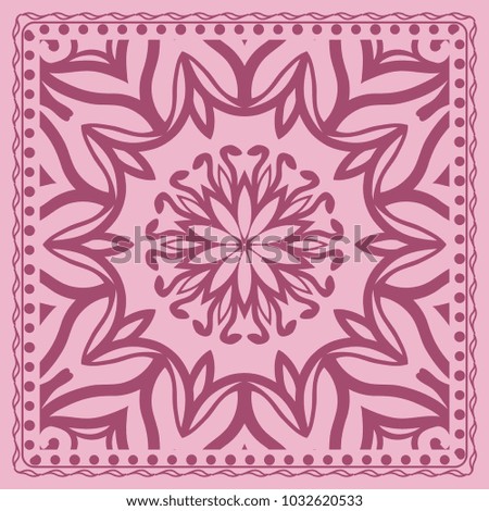 Mandala graphic background, square pattern with floral geometric ornament. vector illustration. for Bandanna fabric print, neck scarf or rug.
