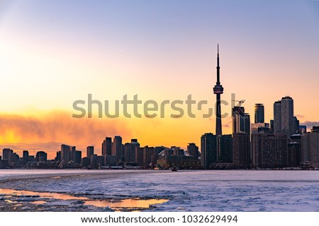 View of Toronto skyline from Ward's Island at sunset.