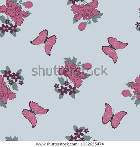Seamless vector illustration with butterflies and peony flowers on a blue background. For decorating fabrics, packaging. Vector illustration.