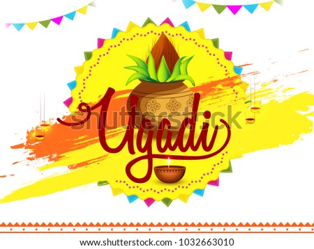 Illustration Of Happy Ugadi Greeting Card Background With Decorated Kalash.