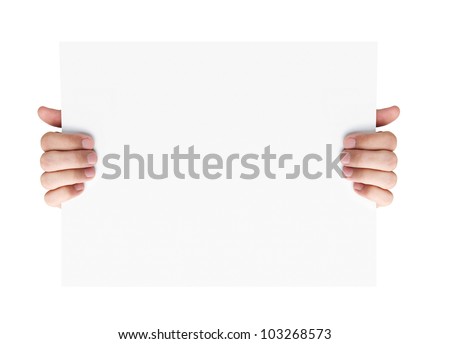 Human hands holding blank advertising card isolated on white background