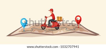 Fast and free delivery by scooter. Vector cartoon illustration. Food service. Royalty-Free Stock Photo #1032707941