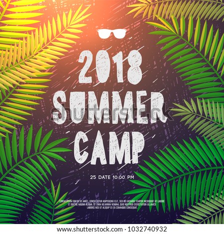 Summer Holiday and Travel themed Summer Camp 2018 poster, vector illustration.