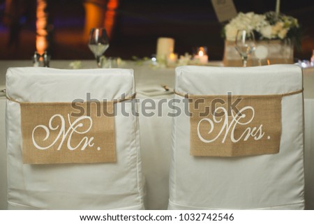 "Mr. & Mrs." Wedding Bride and Groom Signs at Reception