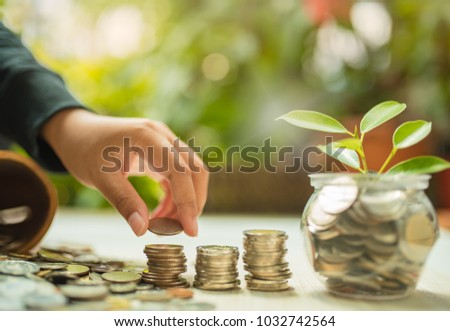 The concept of saving money for the future and building financial stability and sustainable living and hand putting money coin and tree growing in jar.