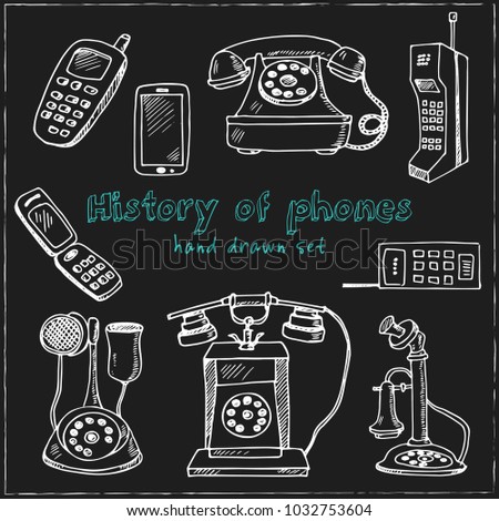 History of phones hand drawn doodle set. Sketches. Vector illustration for design and packages product. Symbol collection.