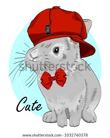 Vector rabbit with red cap and scarf. Hand drawn illustration of dressed rabbit.