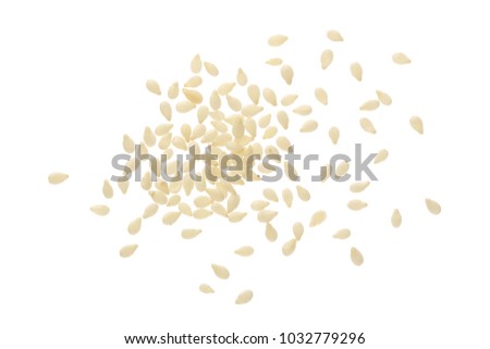 Sesame seeds isolated on white background top view. Flat lay Royalty-Free Stock Photo #1032779296