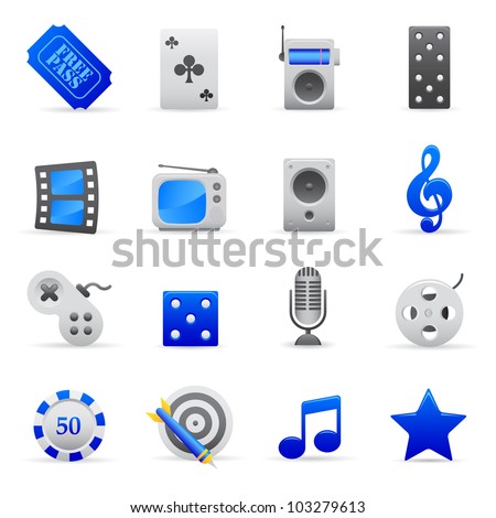 Blue Entertainment Icons Professional vector set of entertainment for your website, application, or presentation. The graphics can easily be edited colored individually and be scaled to any size