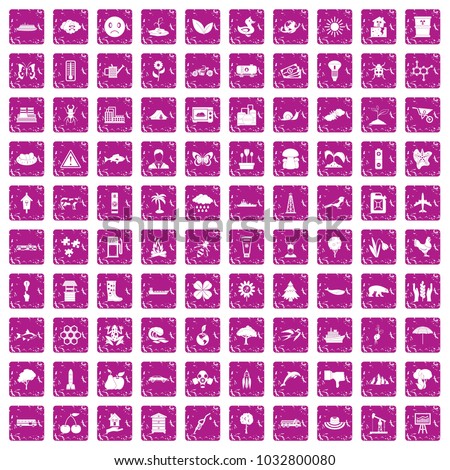 100 global warming icons set in grunge style pink color isolated on white background vector illustration