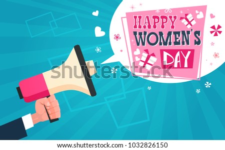 Hand Holding Megaphone With Happy Women Day Greeting Message On Blue Background Flat Vector Illustration