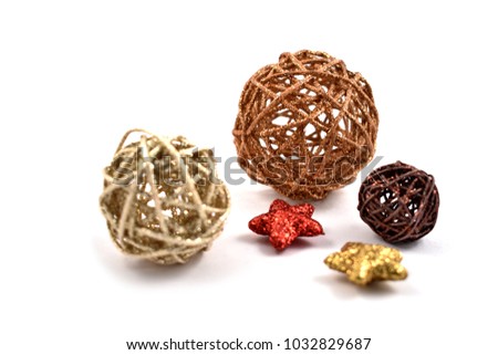 Decorative wicker balls stock images. Wicker Christmas ornaments images. Christmas decoration on a white background. Natural home decoration