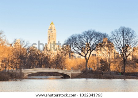 New York City Manhattan Central Park panorama of The lake with Bow bridge, skyscrapers and colorful trees in autumn.