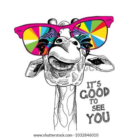 Funny poster. Portrait of a Giraffe in a bright coloring glasses. Vector illustration.