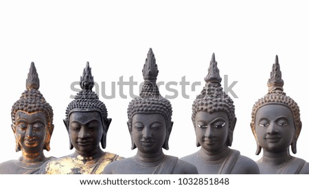 Different heads and faces of buddha statues isolated on white background