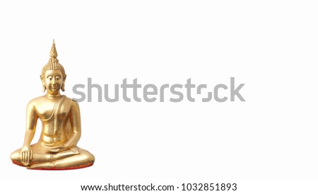 Seated and opened eyes golden buddha statue isolated on white background
