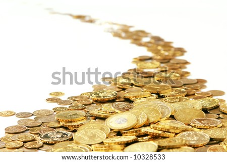 many of gold coins making curved path