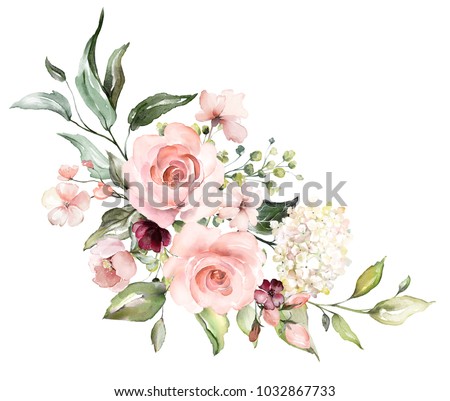  watercolor flowers. floral illustration, Leaf and buds. Botanic composition for wedding or greeting card.  branch of flowers - abstraction roses, hydrangea