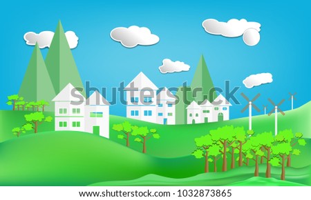 paper art style design house white city town and turbine mountain countryside woodland on Green lawn with sun in sky cloud background. concept vector illustration