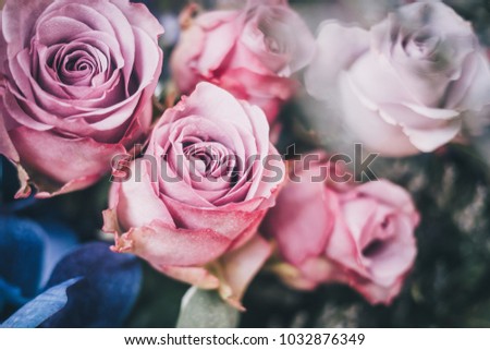 Vintage Toned Pink and Violet Roses Bouquet Closeup for Bride in Wedding Day. Sweet Romantic Background with Vignette for Valentine's Day or Wedding Invitation Card Copyspace. Pink Roses Arrangement.