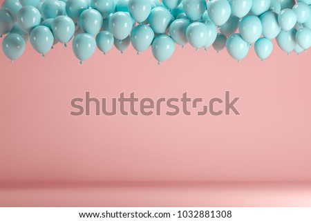 Blue balloons floating in pink pastel background room studio. minimal idea creative concept. Royalty-Free Stock Photo #1032881308
