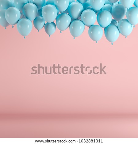Blue balloons floating in pink pastel background room studio. minimal idea creative concept.
