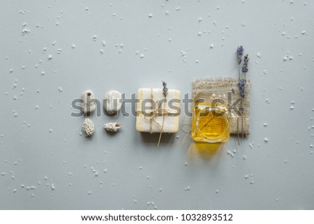 Spa composition. Various products for spa treatments on rustic wooden background.