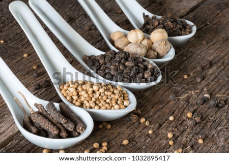 seasoning herbal in spoon on wood table for ingredient of food