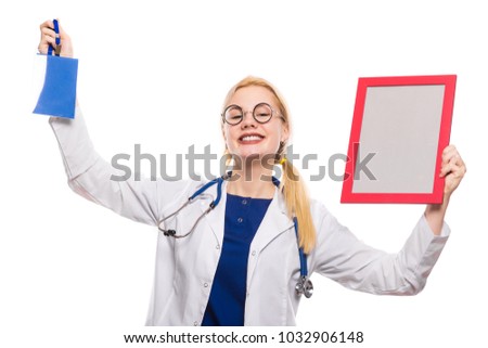 Cheerful woman doctor in white coat with award