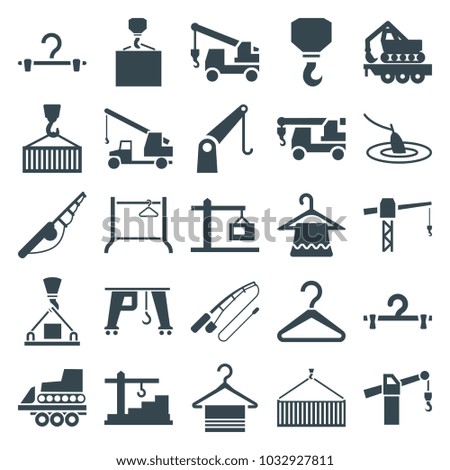 Hook icons. set of 25 editable filled hook icons such as hanger, construction crane, fishing rod, cargo crane, construction  crane
