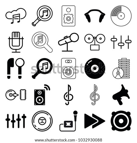 Audio icons. set of 25 editable filled and outline audio icons such as disc, volume, speaker, fast forward, earphones, serach music, equalizer, music loudspeaker, gramophone