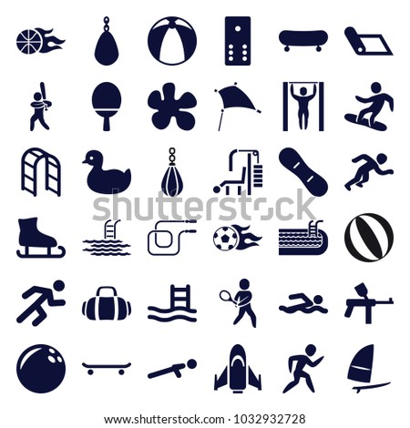 Activity icons. set of 36 editable filled activity icons such as duck, bowling ball, paintball, skate, pool ladder, skating, swimming man, carpet, ice skating, boxing bag