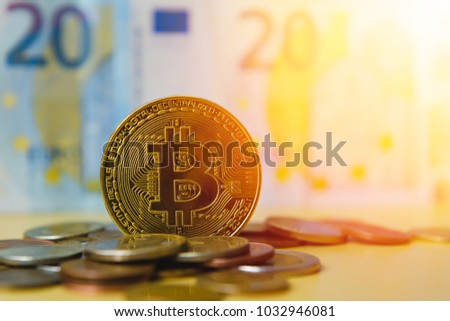 Golden bitcoin Euro background. Bitcoin cryptocurrency.