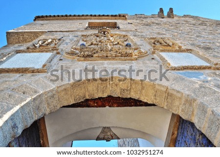 Photograph in angle against chopped arches and vaults, in the monument called the east door in the bridge of San Martín,  Toledo, Spain, art,product of the old stonemason's trade