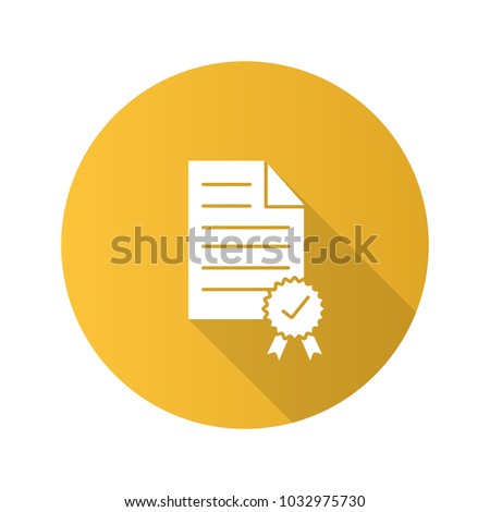 Certificate flat design long shadow glyph icon. Document with seal and ribbon. Vector silhouette illustration