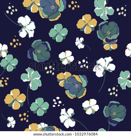 Beautiful Seamless Pattern wind blow flowers,  Isolated on navy blue color. Botanical Floral Decoration Texture. Vintage Style Design for Fabric Print, Wallpaper Background.