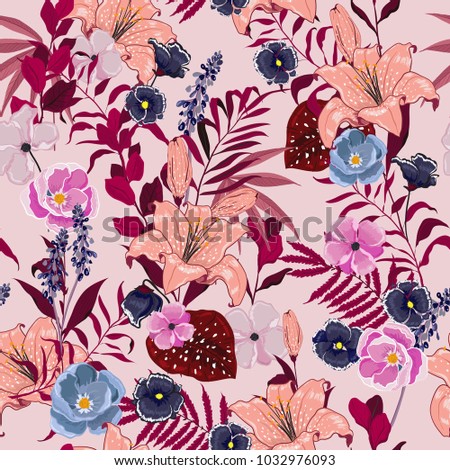 Beautiful Summer garden  Floral pattern in the many kind of flowers. Tropical botanical  Motifs random. Seamless vector texture. Elegant template for fashion prints. Printing with in hand drawn style