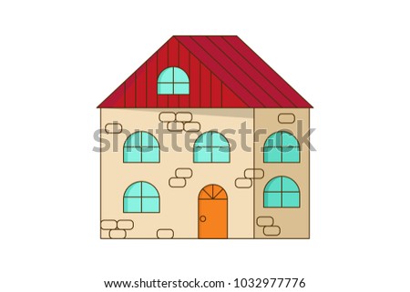 Cartoon house isolated on white background. Stone home or cottage building. Rural mansion in flat design. Vector illustration eps 10.
