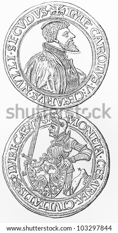 Vintage drawing of a Lubeck taler coin from 1557 period - Picture from Meyers Lexikon book (written in German language) published in 1908 Leipzig - Germany.