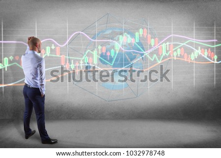 View of a Businessman in front of a wall with a 3d render Stock exchange trading data information display on a futuristic interface