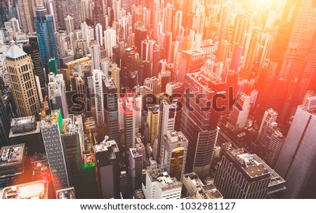 Aerial view of China economy Metropolis city with modern skyscrapers and enterprises.Developed Hong Kong downtown district with office buildings and advanced infrastructure. Real estate business