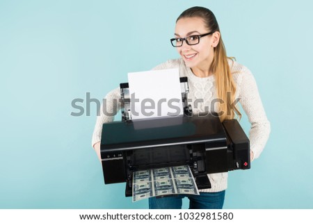 Attractive woman printing cash