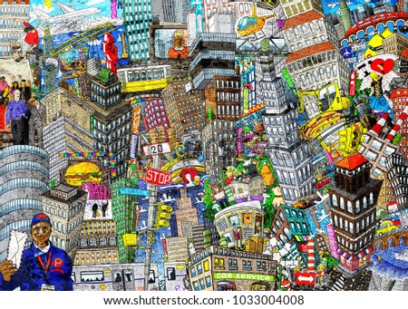 Graffiti, City, an illustration of a large collage, with houses, cars and people