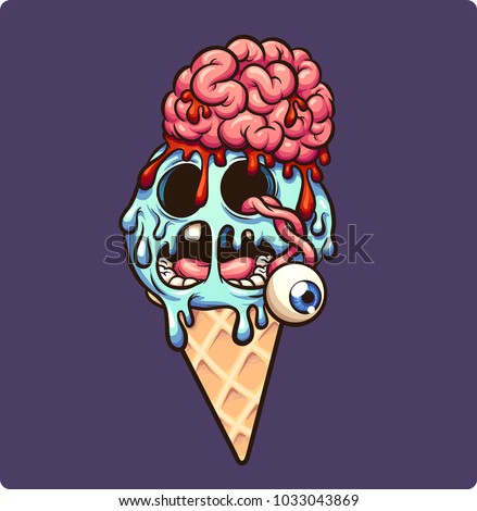 Zombie ice cream with brain and eye popping out. Vector clip art illustration with simple gradients. Illustration and purple background on separate layers. 
