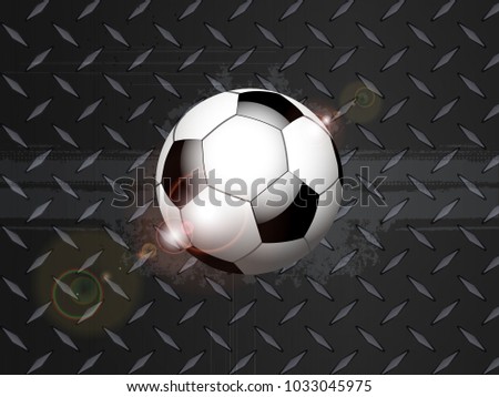 3D Illustration of Soccer Football On Black Metallic Diamond Plate with Grunge Details and Lens Flares