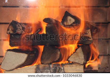 beautiful flame picture of burning logs in the fireplace