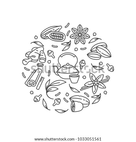 Vector set design monochrome templates icon and emblems - organic herbs and different spices. Masala teas icons composition. Symbol in trendy linear style isolated on white background Royalty-Free Stock Photo #1033051561