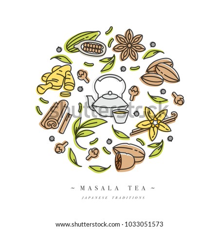 Vector set design colorful templates icon and emblems - organic herbs and different spices. Masala teas icons composition. Symbol in trendy linear style isolated on white background Royalty-Free Stock Photo #1033051573