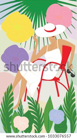 Woman in a hat sits in a chair - bright flowers and exotic leaves - light background - vector art illustration.