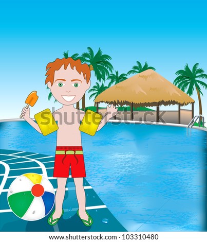Vector Illustration of poolside resort with beach ball.
